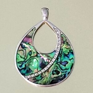 Large Abalone Teardrop Pendant Silver Tone White Rhinestones Green & Blue Hues